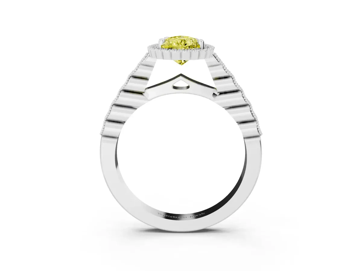 Fancy Yellow Pear Cut Cut Halo Pavé Solitaire Ring with Milgrain Band White gold