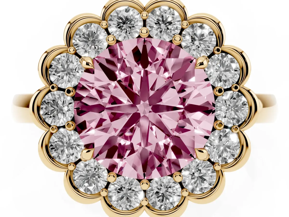 Fancy Pink Round Cut Halo Cluster Diamond Engagement Ring with Solitaire Band and Prong Setting Yellow gold