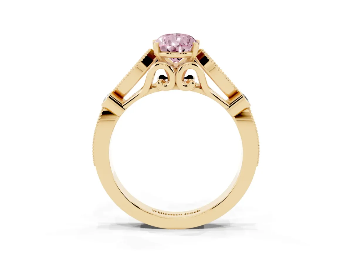 Fancy Pink Pear Cut Cut Diamond with Milgrain Marquise and Bezel Accents on a Solitaire Band with Prong Setting Yellow gold