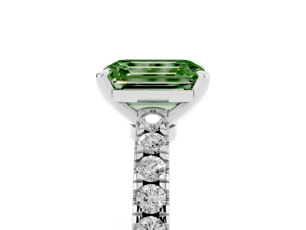 Fancy Green Emerald Cut Solitaire Diamond with Pavé Band and Four-Prong Setting Silver