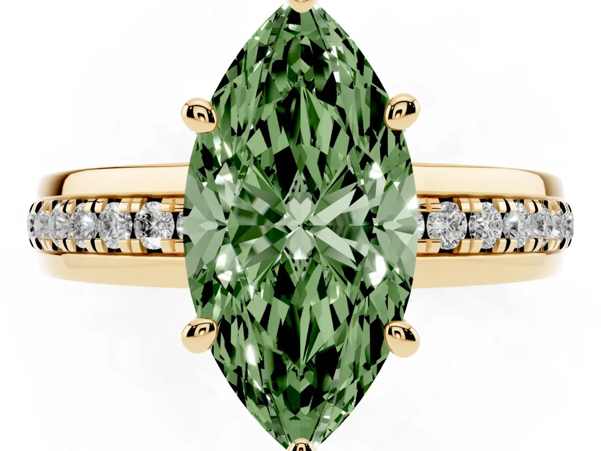 Fancy Green Marquise Cut Solitaire Diamond Ring with Channel Set Band and Six-Prong Setting Yellow gold