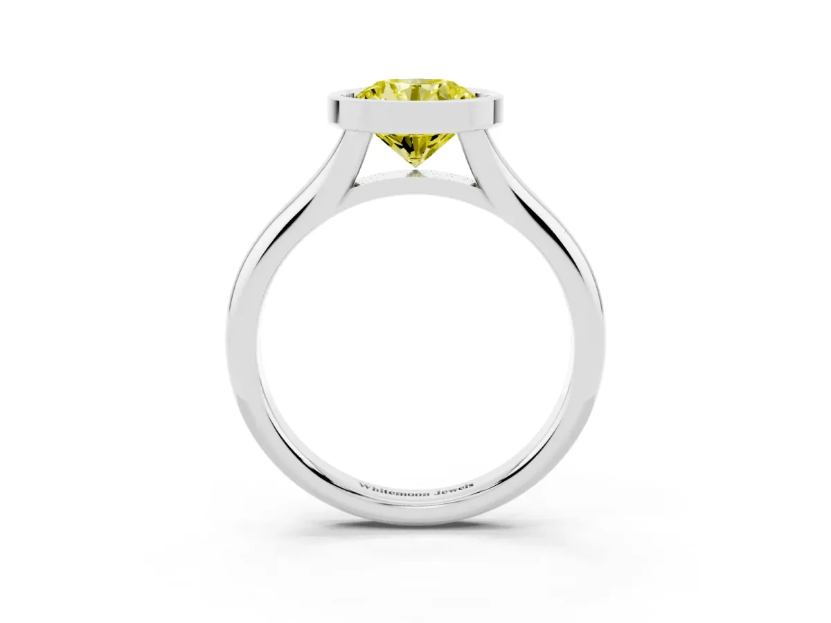 Fancy Yellow Bezel Set Round Cut Solitaire Diamond Ring with Smooth Band Platinum