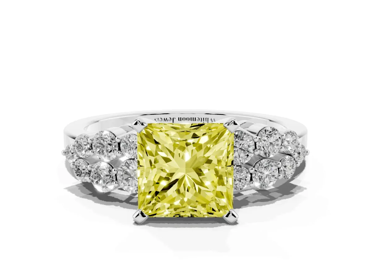 Fancy Yellow Princess Cut Cluster Diamond Engagement Ring with Pavé Band and Four-Prong Setting Platinum