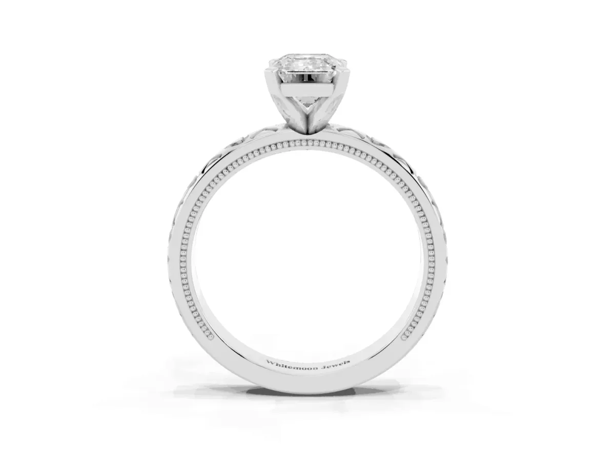 Emerald Cut Solitaire Diamond Engagement Ring with XO Engraved Band and Four-Prong Setting White gold