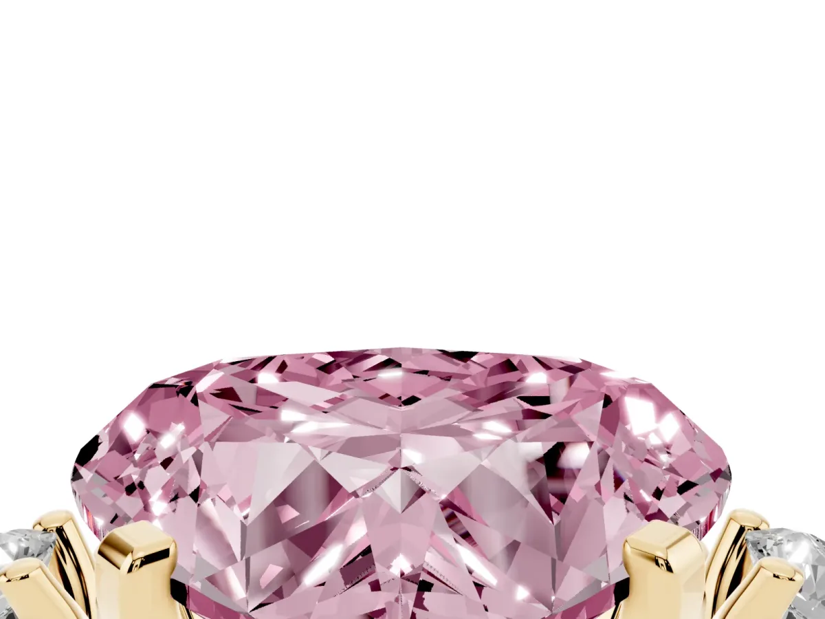 Fancy Pink Heart Cut Cut Three-Stone Solitaire Ring with Round Accent Diamonds and Four-Prong Setting Yellow gold