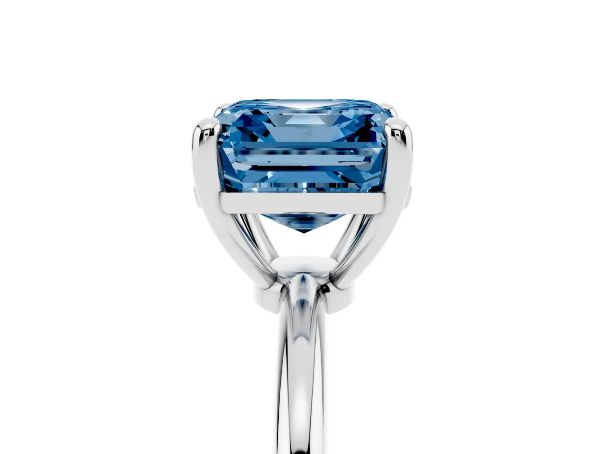 Fancy Blue Asscher Cut Solitaire Diamond Ring with 4-Prong Setting on a Classic Band Silver