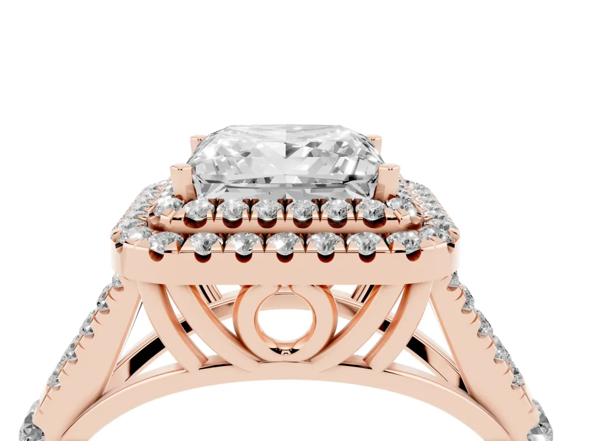 Princess Cut Diamond Double Halo Ring with Split Shank and Prong Setting Rose gold