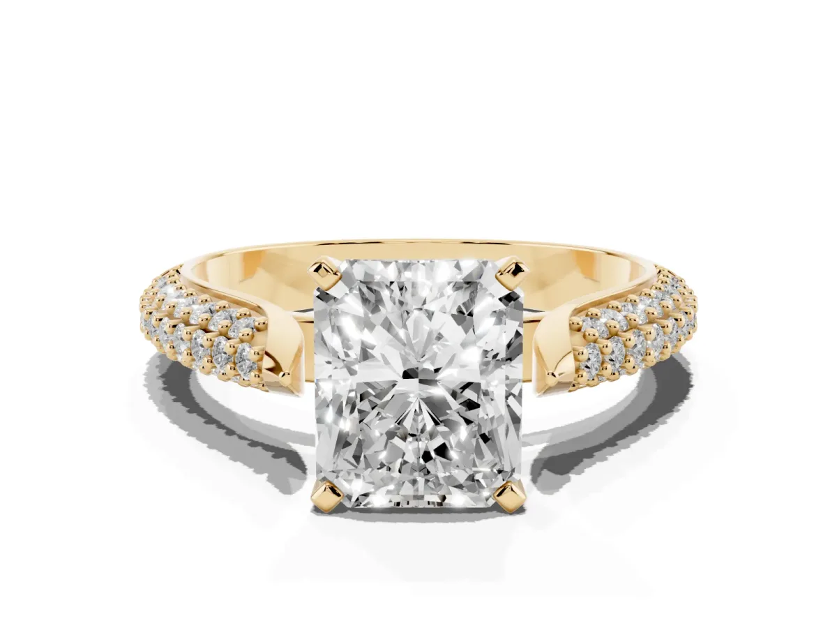 Radiant Cut Diamond Solitaire Engagement Ring with Multi-Row Round Pavé Band and Prong Setting Yellow gold