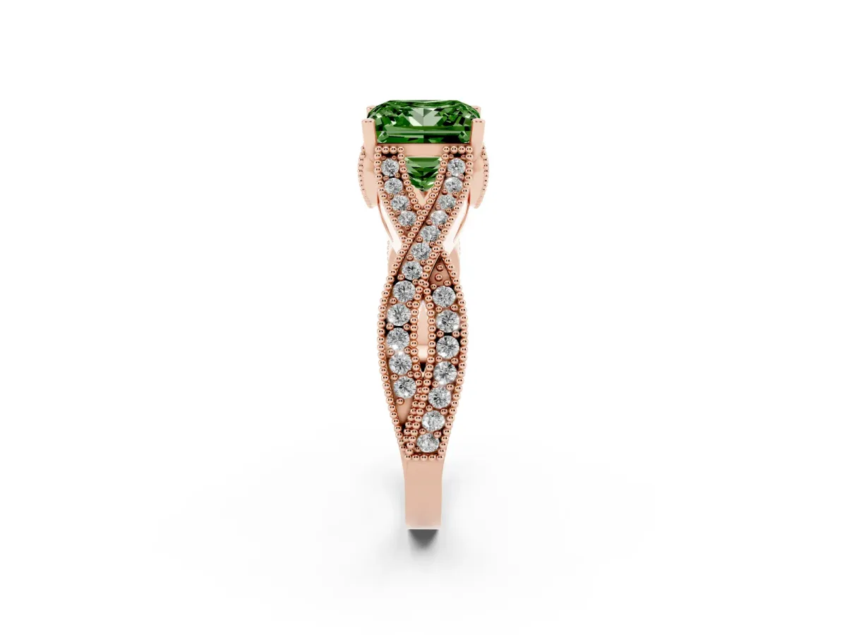 Fancy Green Princess Cut Cut Diamond Twisted Band with Milgrain Pave Setting and Four-Prong Setting Rose gold