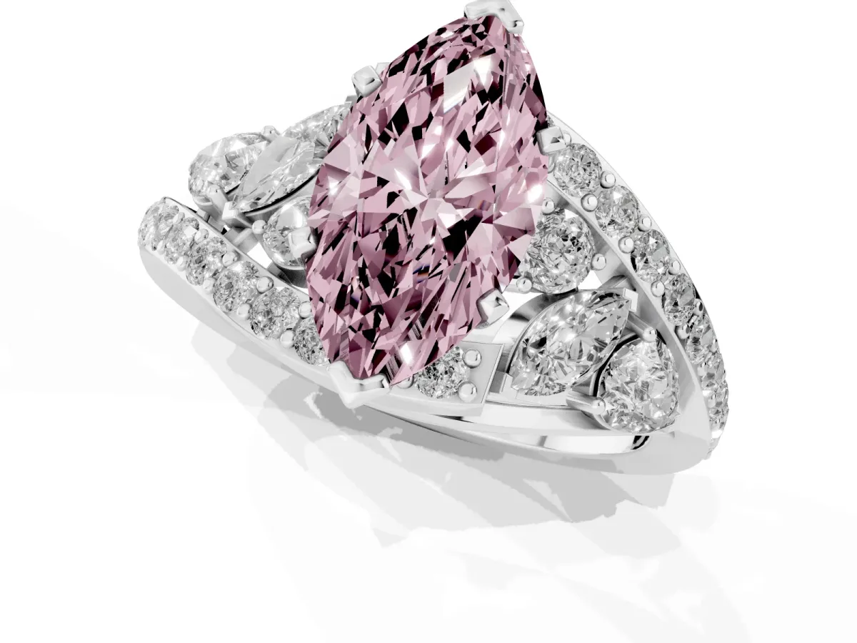 Fancy Pink Marquise Cut Diamond Halo Ring with Marquise and Pavé Band in Prong Setting Silver