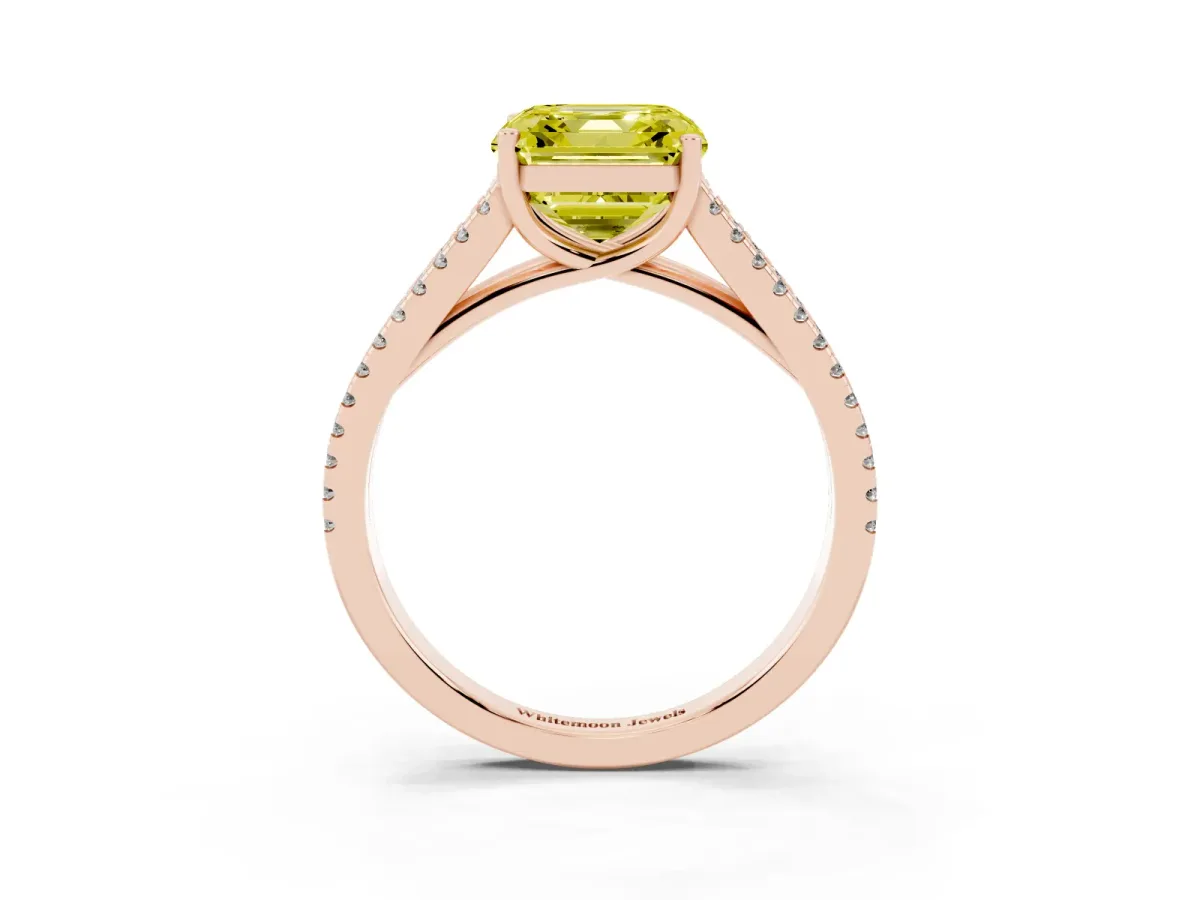 Fancy Yellow Asscher Cut Diamond Solitaire Engagement Ring with Split Shank Pavé Band Rose gold