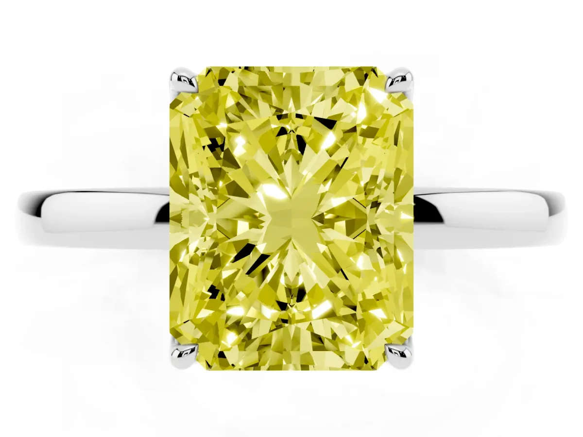 Fancy Yellow Radiant Cut Diamond Solitaire Ring with Thin Band and Prong Setting White gold