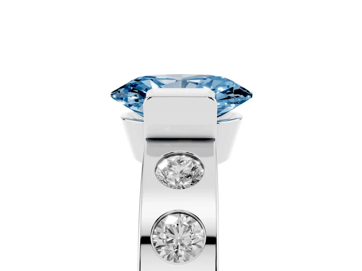 Fancy Blue Oval Cut Brilliant Channel-Set Diamond Ring with Bezel Prong Setting Silver