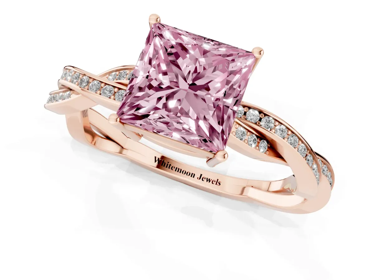 Fancy Pink Princess Cut Solitaire Twisted Pave Diamond Ring with Four-Prong Setting Rose gold