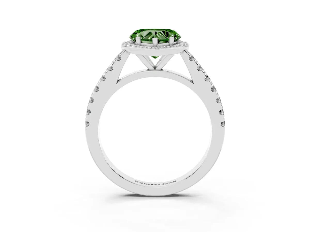 Fancy Green Heart Cut Cut Halo Diamond Engagement Ring with Pave Band and Four-Prong Setting Platinum
