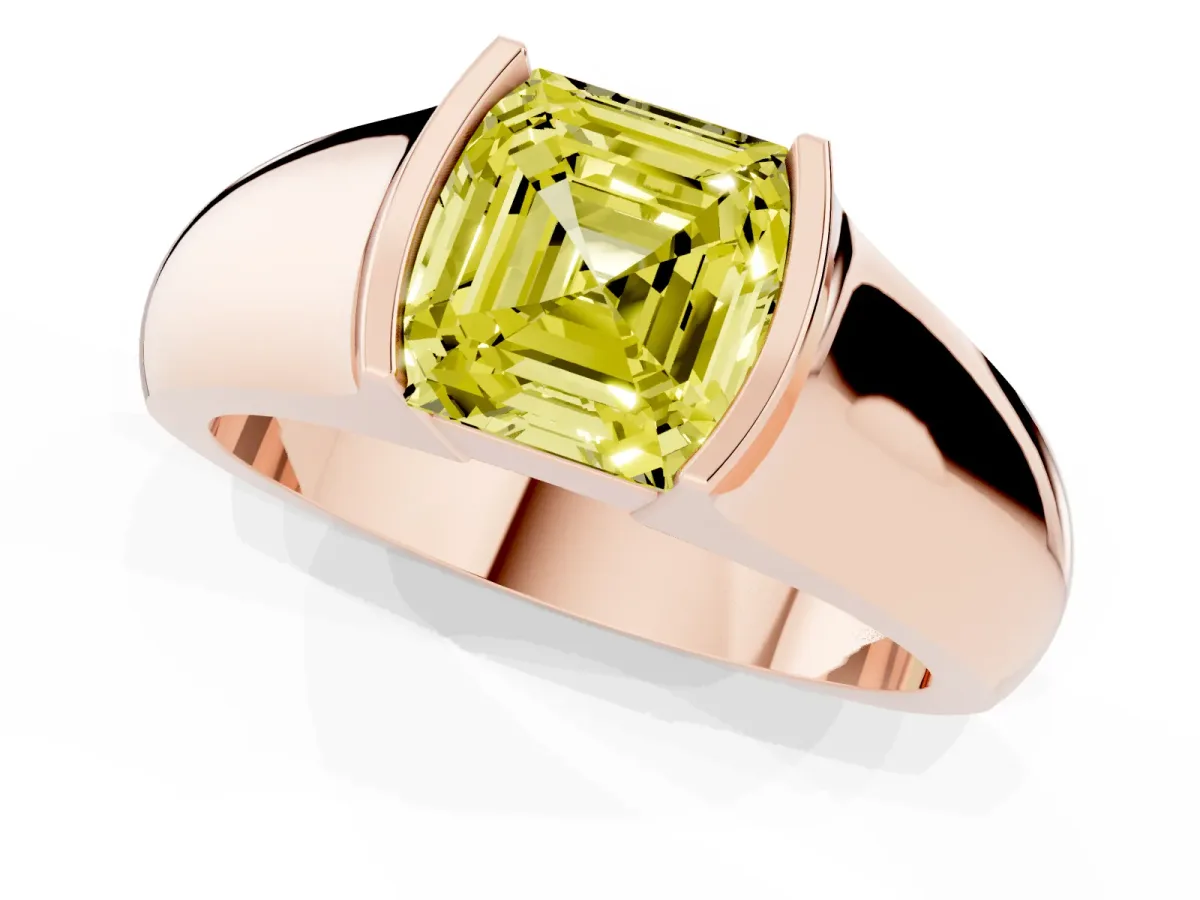 Fancy Yellow Asscher Cut Solitaire Bezel Set Diamond Ring with Wide Band Rose gold
