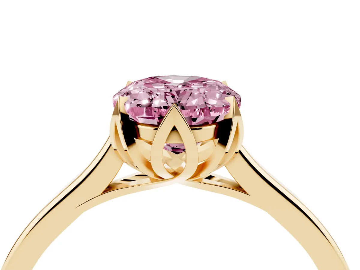 Fancy Pink Oval Cut Diamond Solitaire Ring with Flower Prong Setting and Classic Band Yellow gold