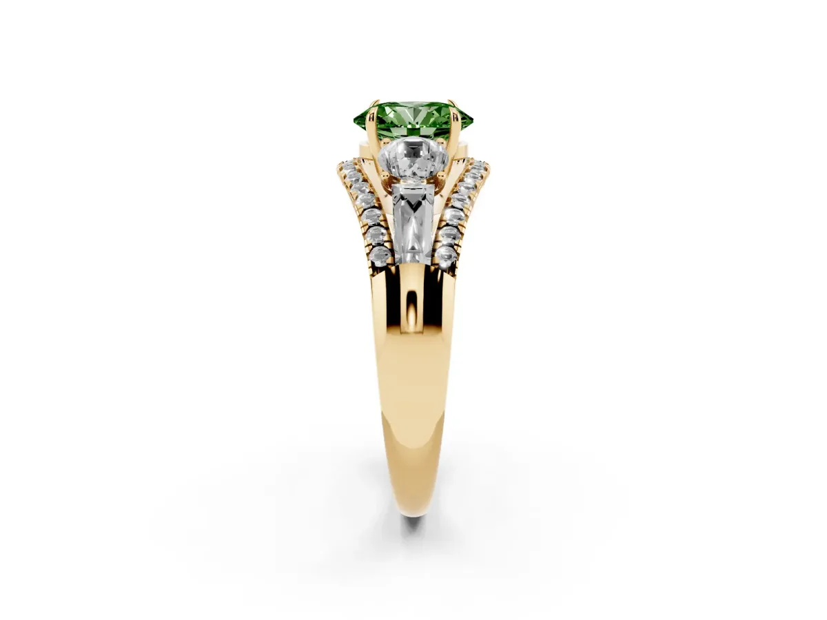 Fancy Green Three-Stone Oval Cut Diamond Engagement Ring with Pave Band and Prong Setting Yellow gold