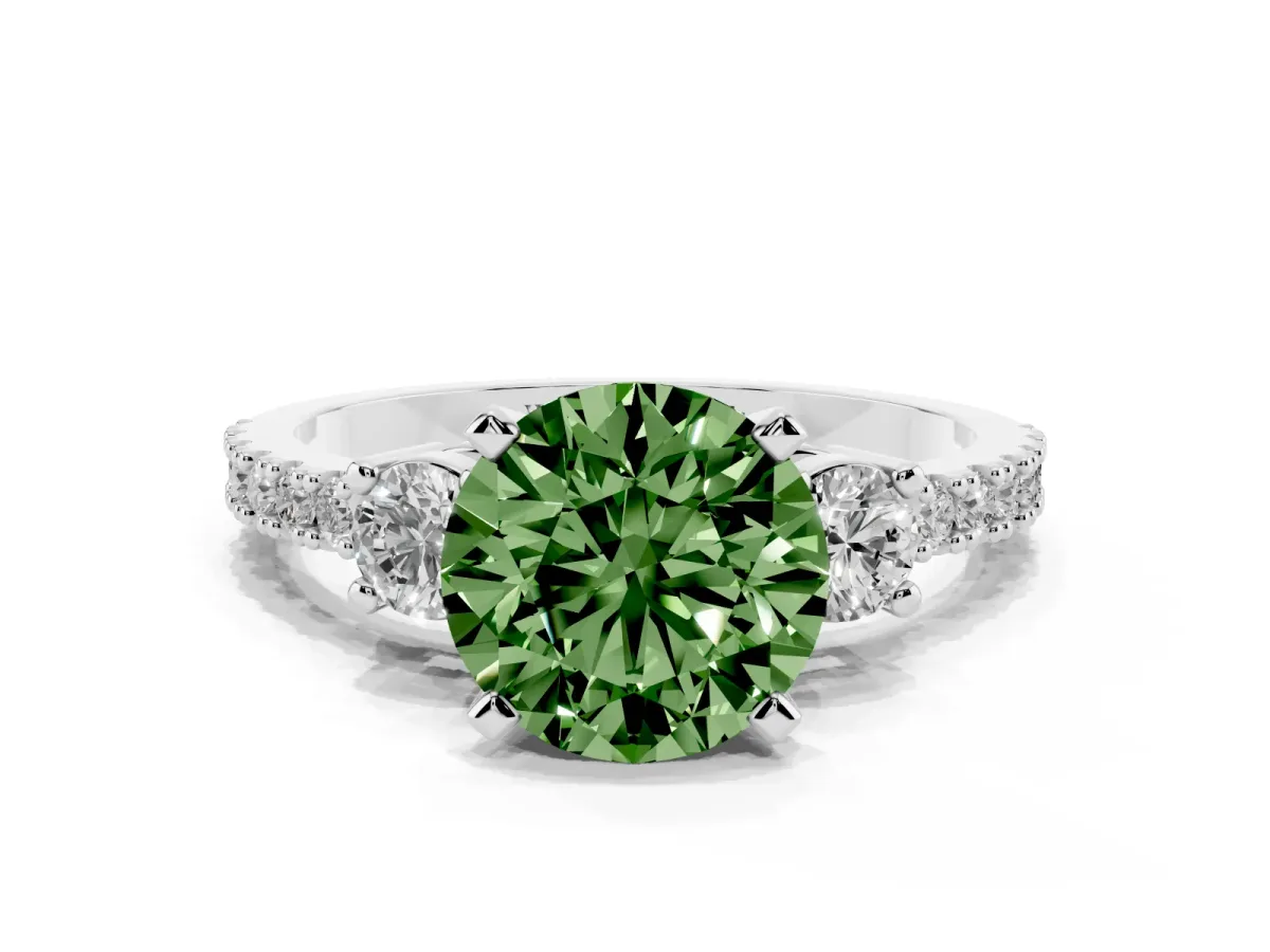 Fancy Green Round Cut Three-Stone Diamond Pavé Band with Prong Setting Platinum