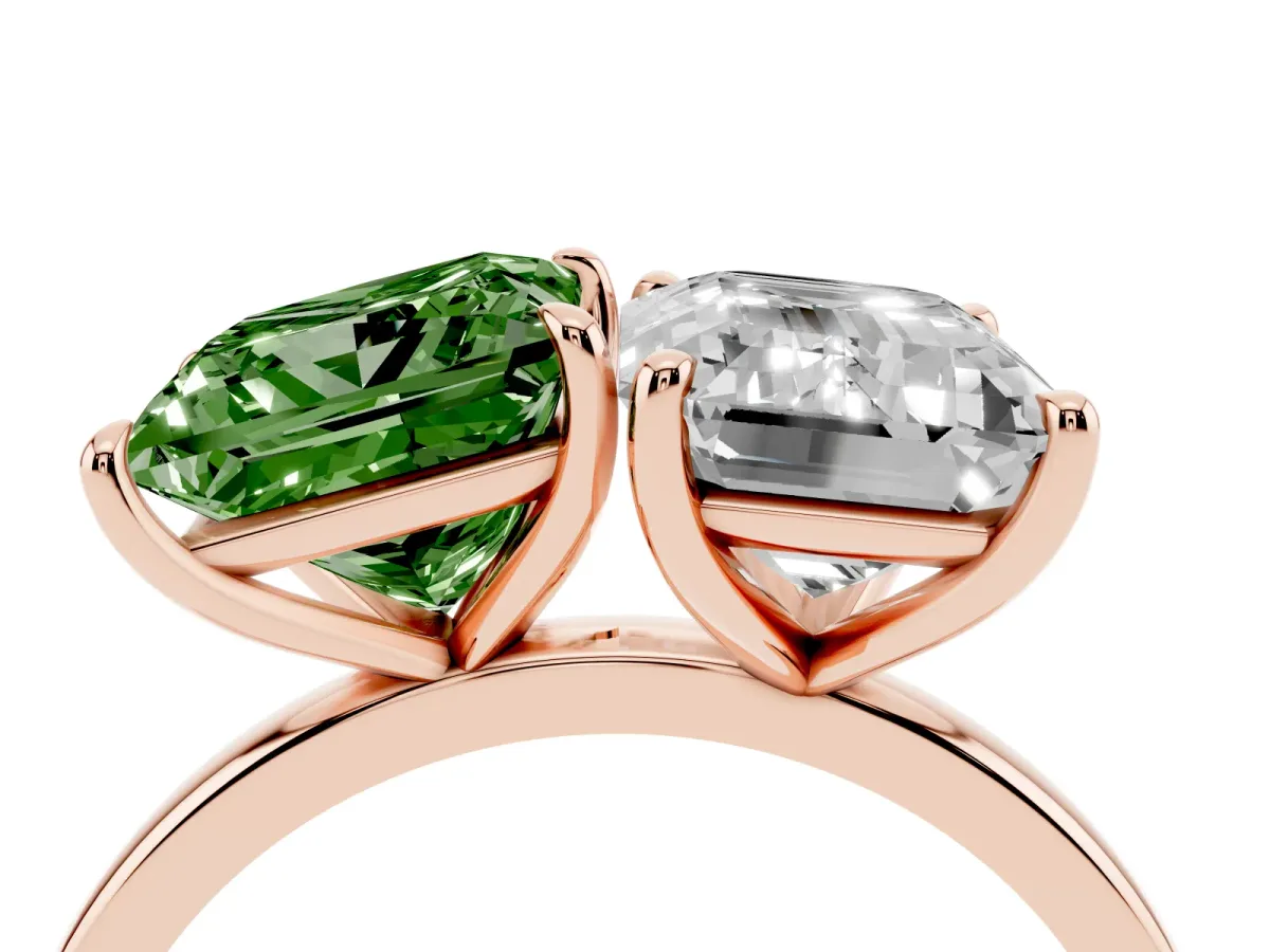 Fancy Green Princess Cut and Emerald Cut Toi Moi Ring with Prong Setting Rose gold