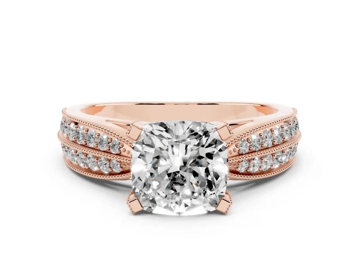 Cushion Cut Diamond Solitaire Ring with Milgrain Round Pavé Band and Prong Setting Rose gold