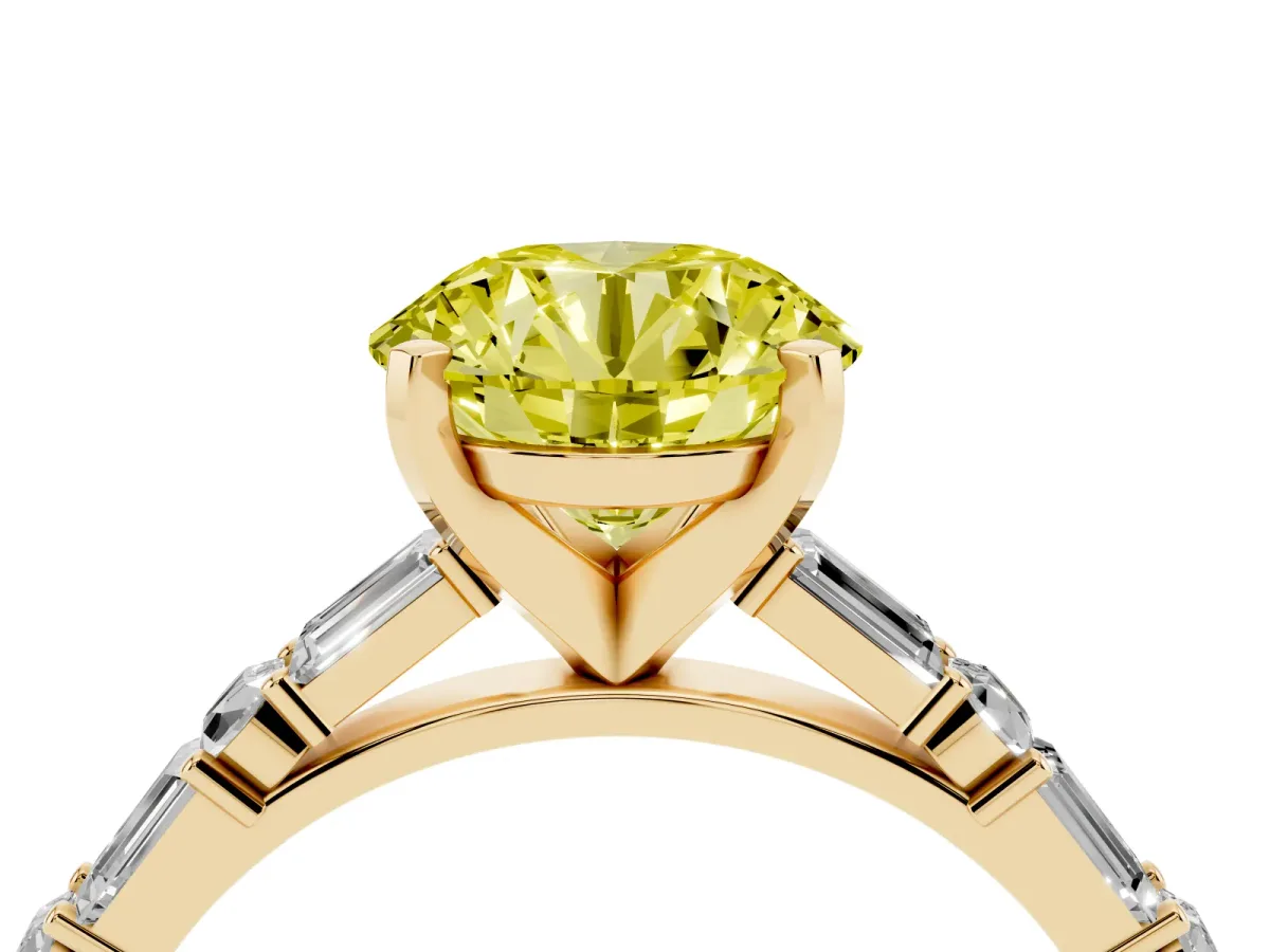 Fancy Yellow Round Cut Diamond Solitaire with Side Baguettes and Channel Set Band Yellow gold