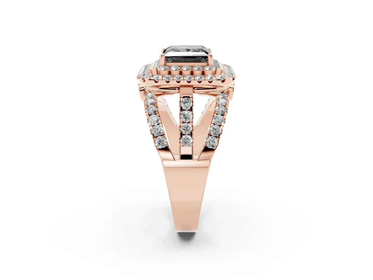 Fancy Black Princess Cut Diamond Double Halo Ring with Round Pavé Split Shank and Prong Setting Rose gold