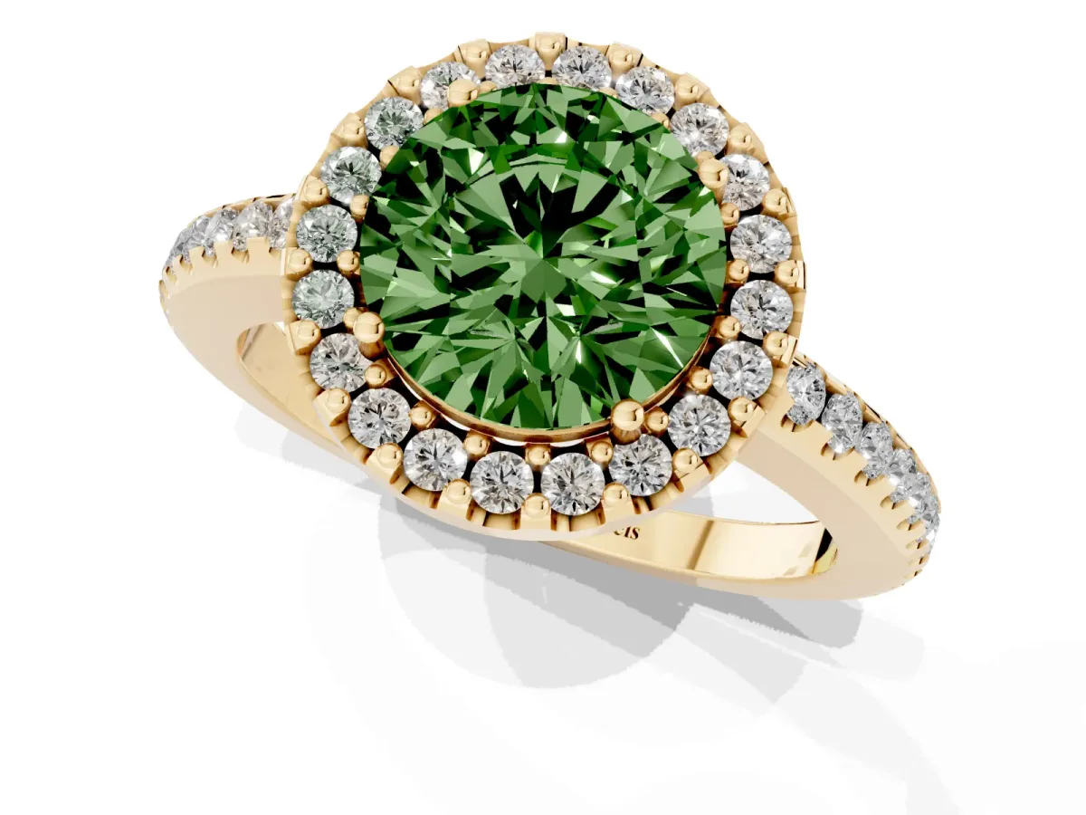Fancy Green Round Cut Diamond Pavé Halo Ring with Four-Prong Setting Yellow gold
