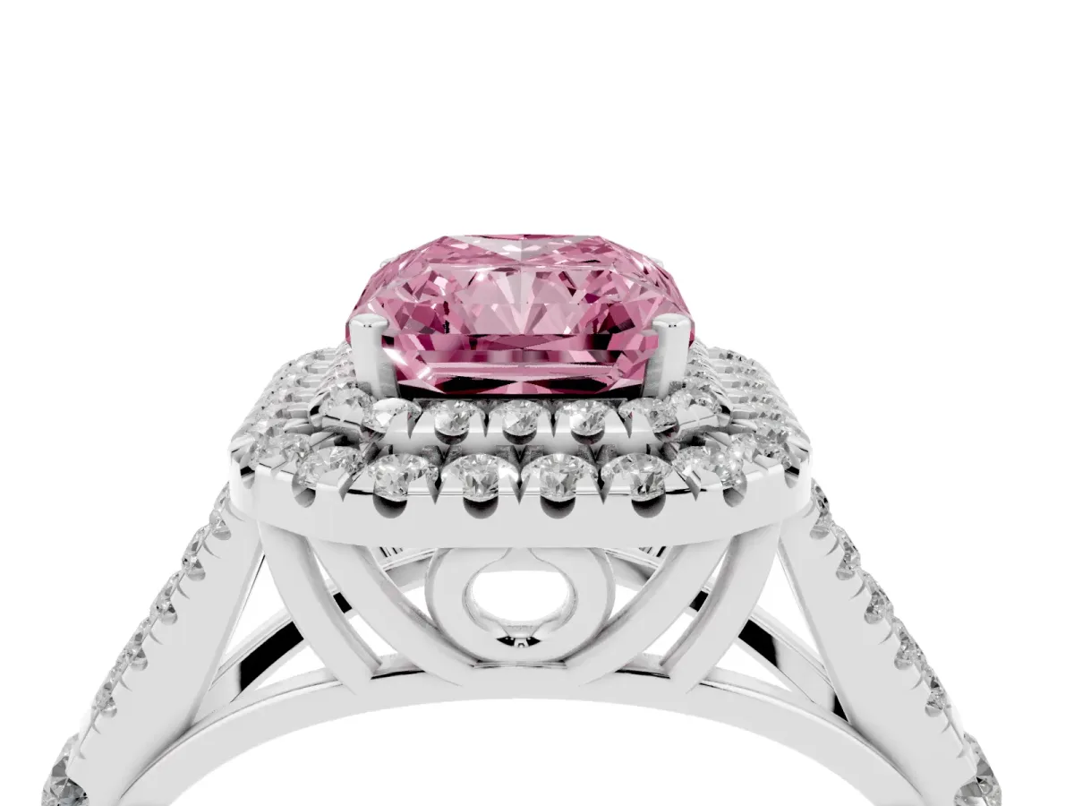 Fancy Pink Radiant Cut Diamond Pavé Split Shank Double Halo Engagement Ring Silver