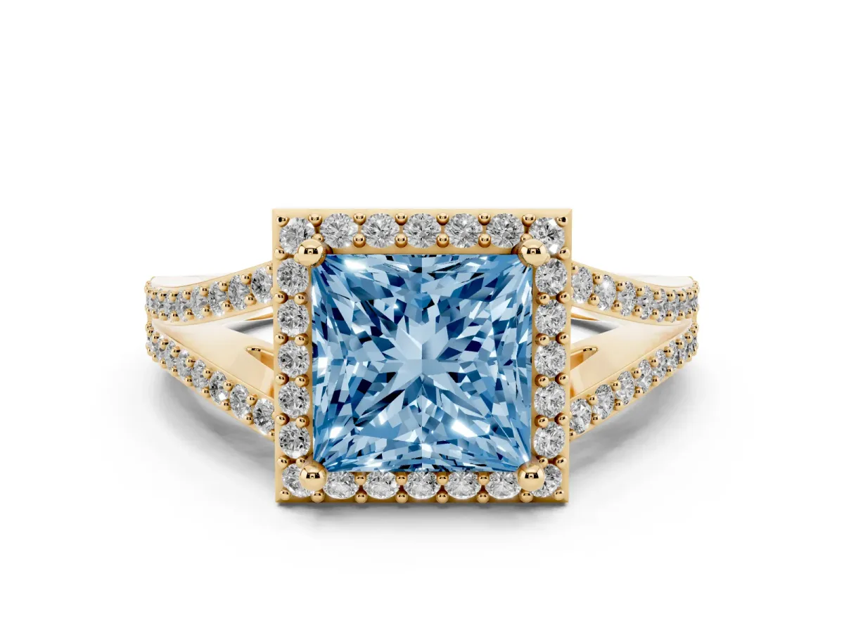 Fancy Blue Princess Cut Halo Split Shank Diamond Ring with Prong Setting Yellow gold