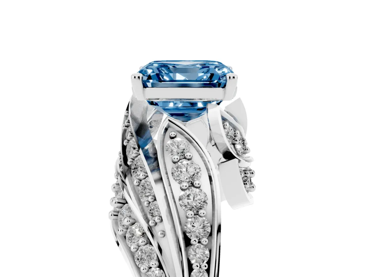 Fancy Blue Asscher Cut Diamond Solitaire Ring with Prong Setting and Twisted Pavé Band Silver