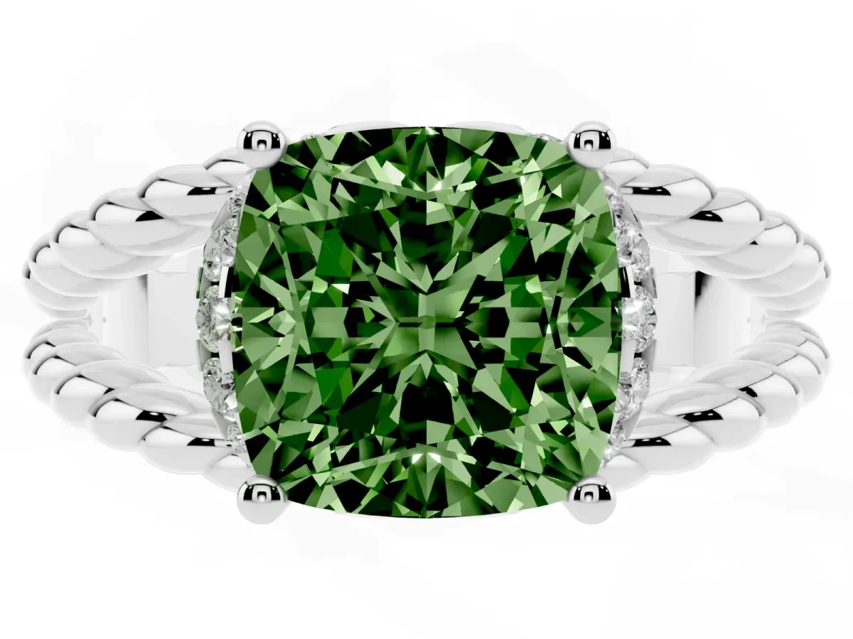 Fancy Green Cushion Cut Halo Twisted Band Four-Prong Ring Silver