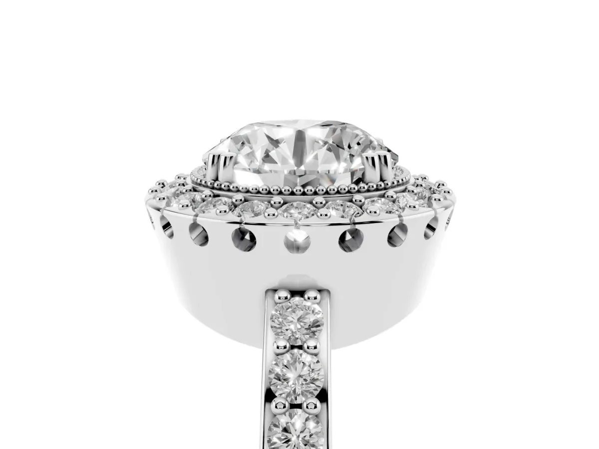 Round Cut Diamond Halo Ring with Pavé Band and Prong Setting Silver