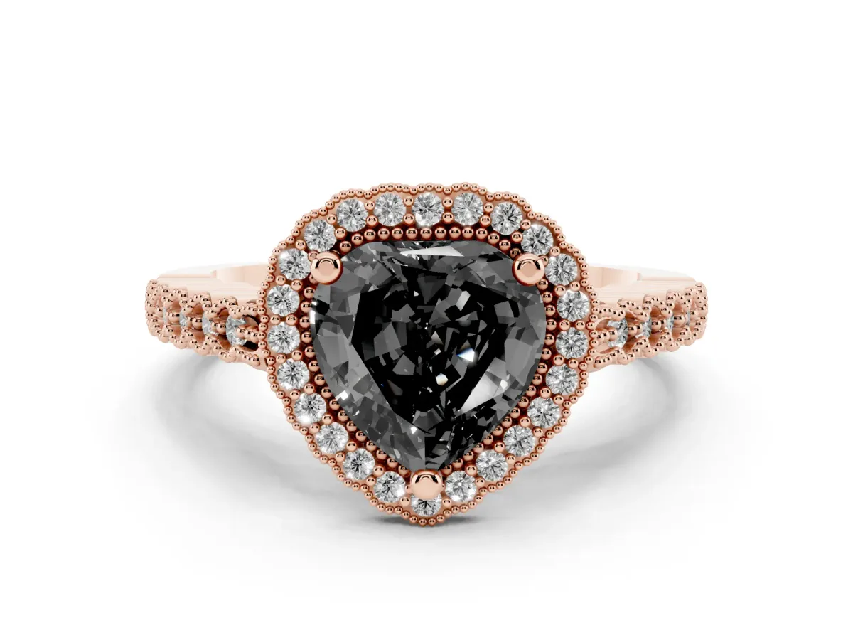 Fancy Black Heart Cut Cut Halo Pavé Solitaire Ring with Milgrain Band Rose gold
