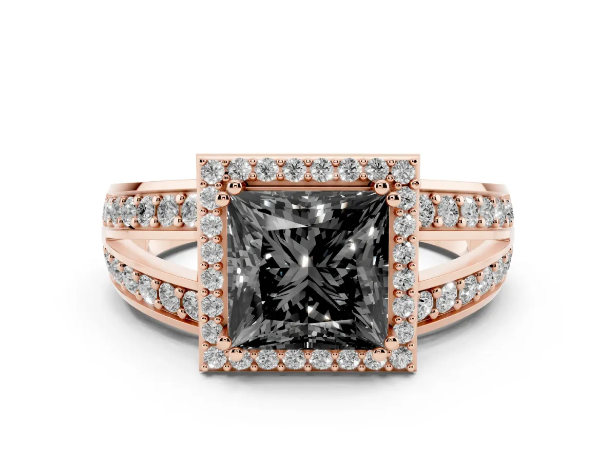 Fancy Black Princess Cut Diamond Halo Ring with Split Shank Pavé Band and Four-Prong Setting Rose gold