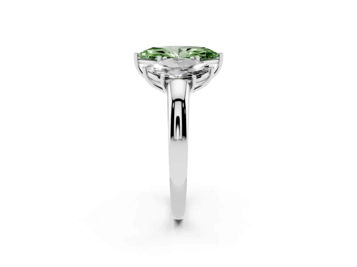 Fancy Green Marquise Cut Diamond Three-Stone Ring with Four-Prong Setting and Classic Band White gold