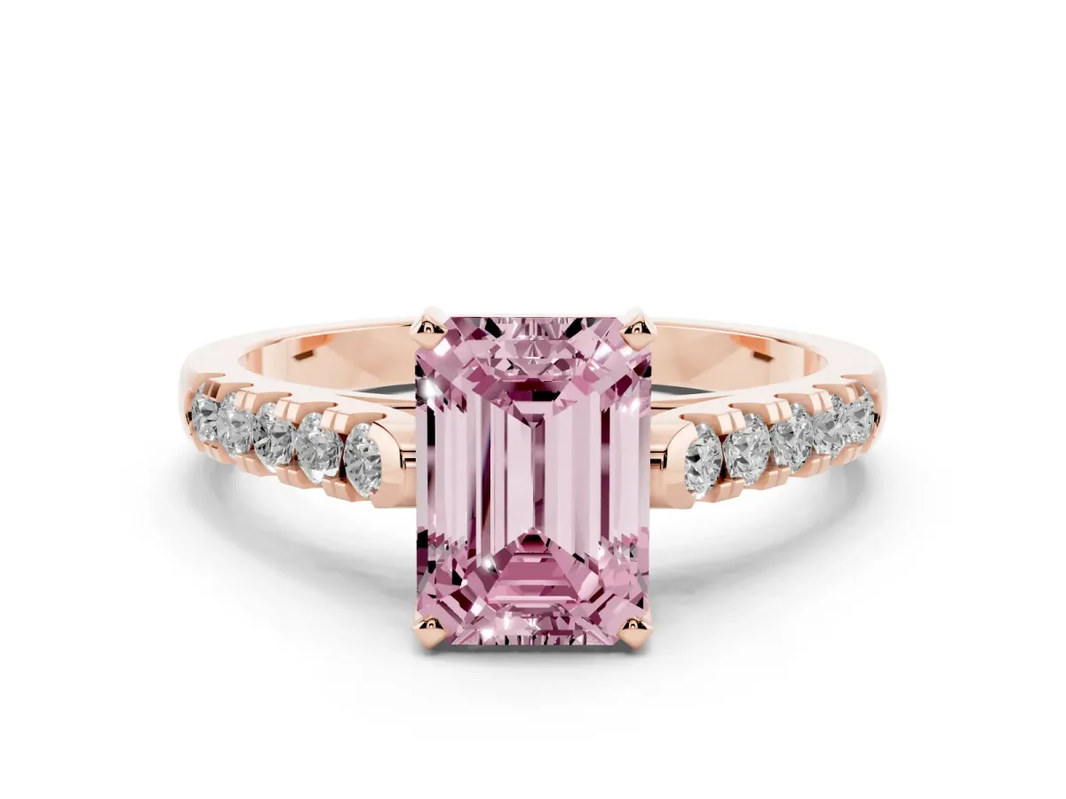 Fancy Pink Emerald Cut Diamond Pavé Band Solitaire Ring with Prong Setting Rose gold