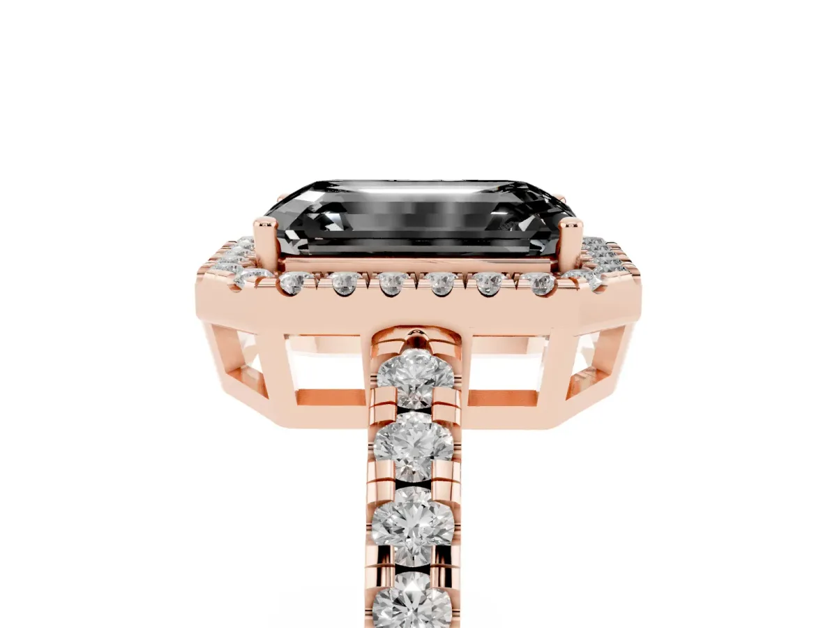 Fancy Black Emerald Cut Diamond Halo Ring with Pavé Band and Four-Prong Setting Rose gold
