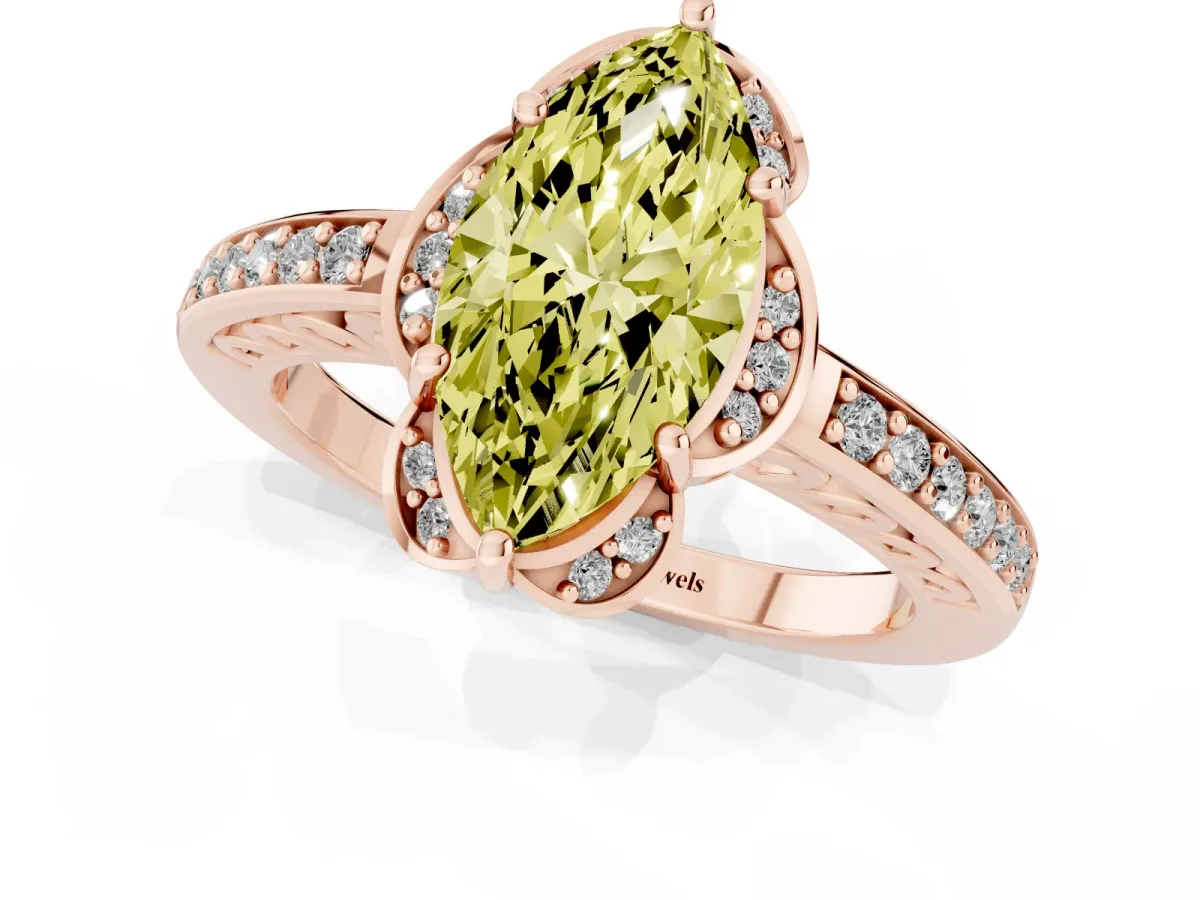 Fancy Yellow Marquise Cut Cut Halo Diamond Ring with Channel Set Band and Four-Prong Setting Rose gold