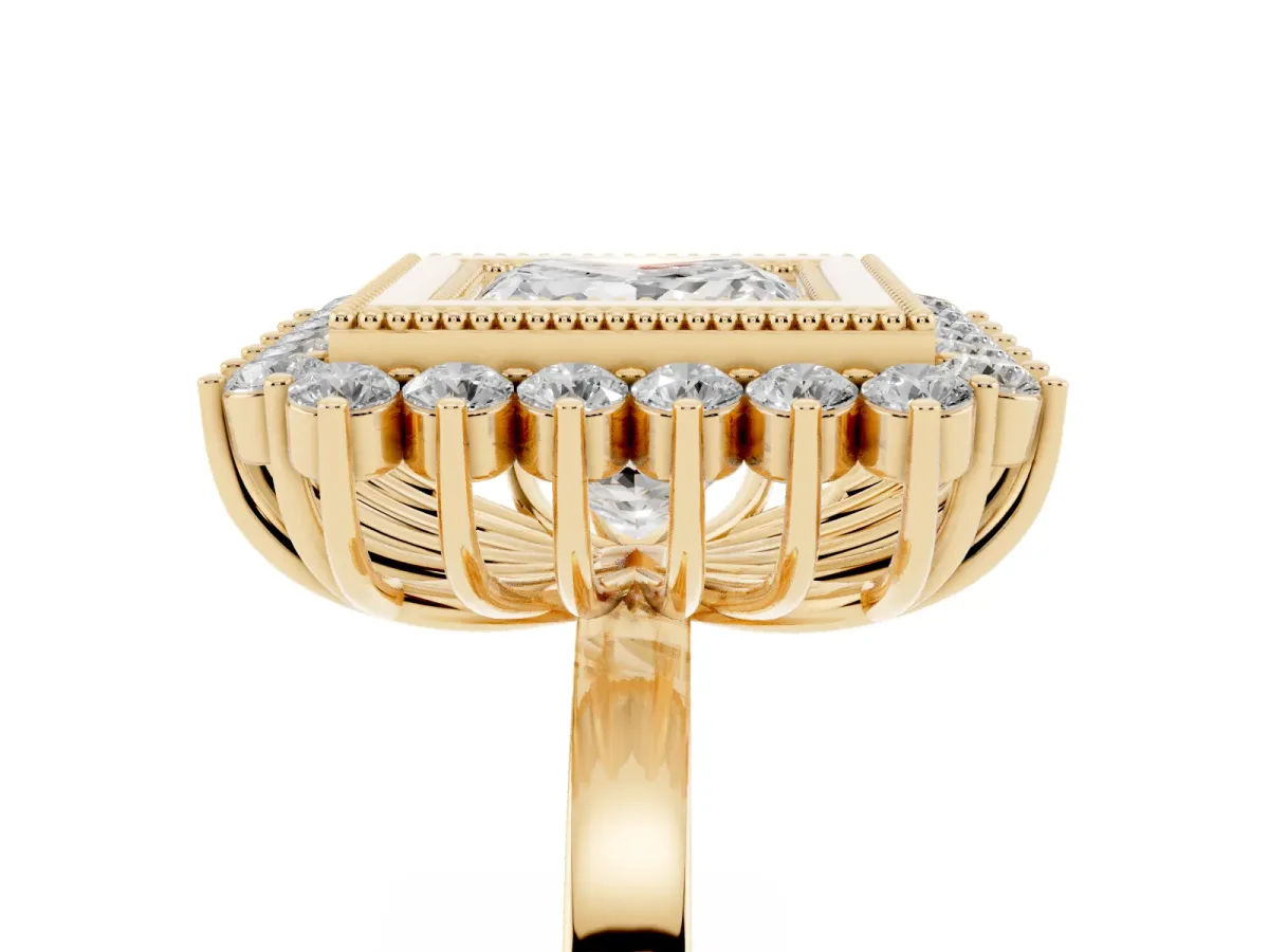 Princess Cut Halo Diamond Ring with Milgrain Edge and Round Prong Setting Yellow gold