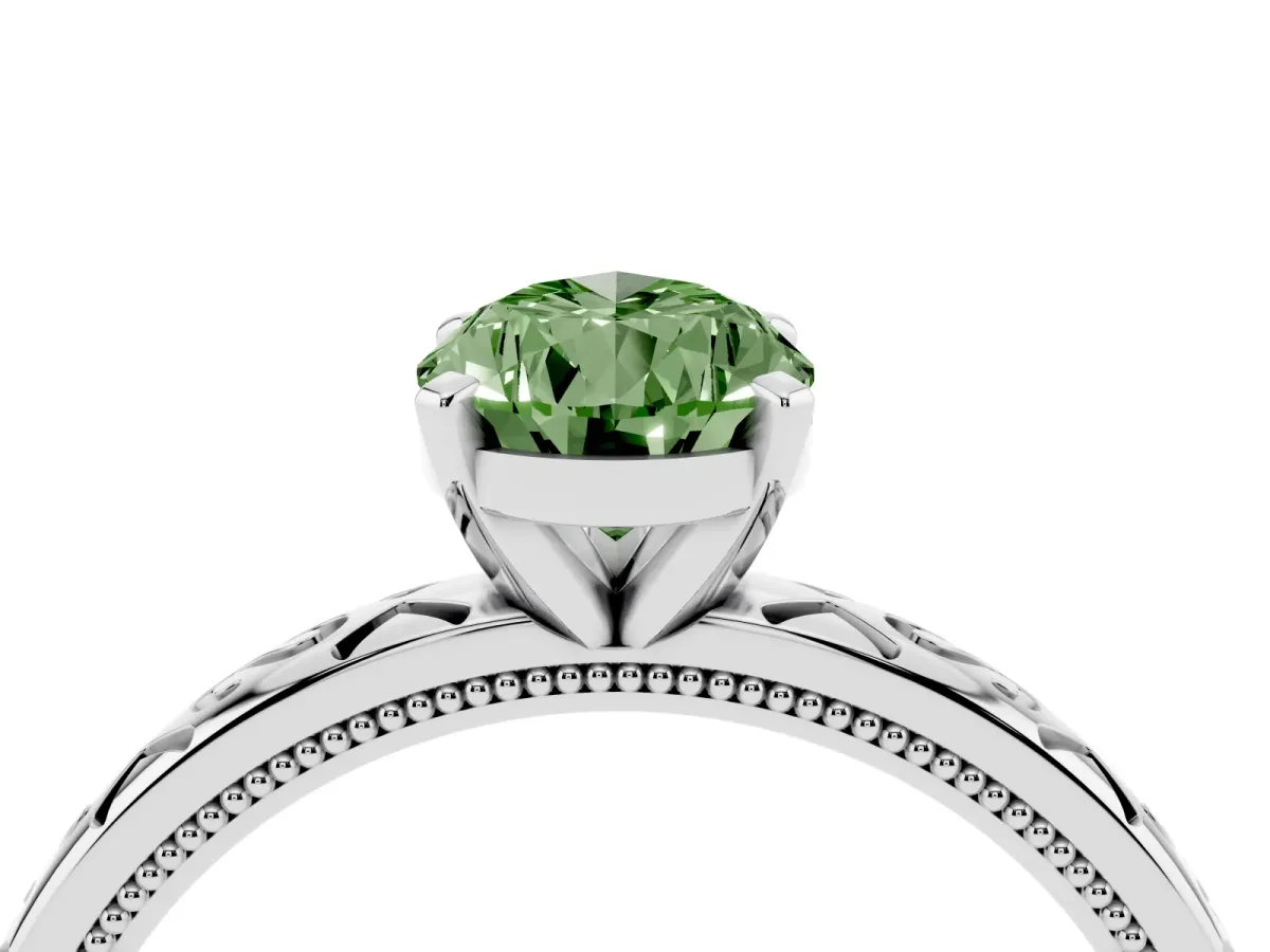 Fancy Green Pear Cut Solitaire Engagement Ring with Scrollwork Band and Four-Prong Setting White gold