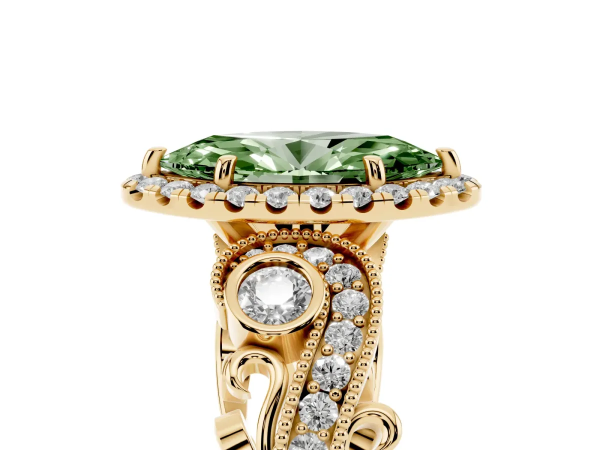 Fancy Green Marquise Cut Diamond Halo Ring with Milgrain Pavé Band and Four-Prong Setting Yellow gold