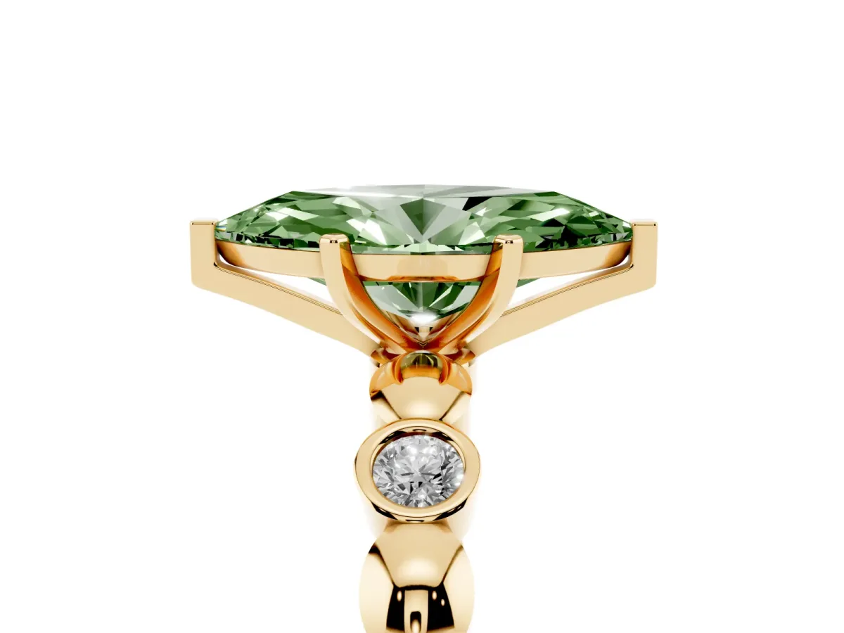 Fancy Green Marquise Cut Solitaire Bezel-Set Diamond Ring with Beaded Band and Four-Prong Setting Yellow gold