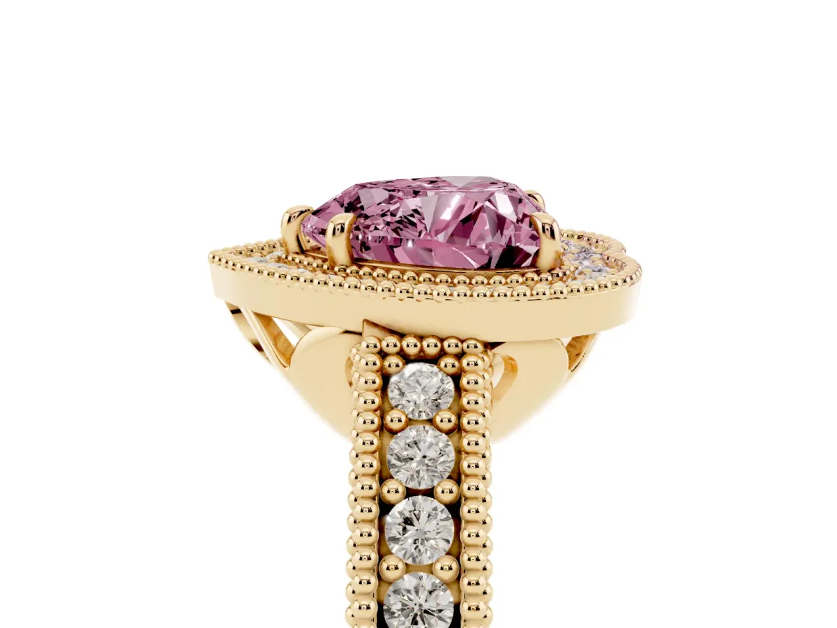 Fancy Pink Heart Cut Cut Halo Diamond Ring with Pavé Band and Four-Prong Setting Yellow gold