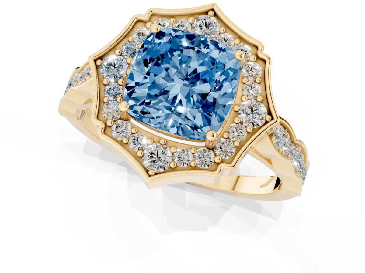 Fancy Blue Cushion Cut Halo Diamond Engagement Ring with Milgrain Band and Four-Prong Setting Yellow gold