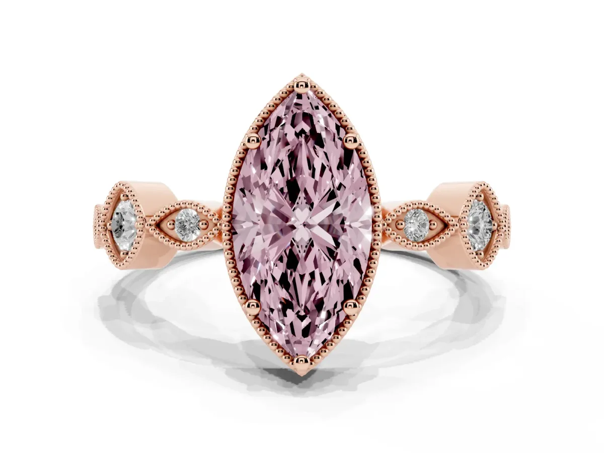 Fancy Pink Marquise Cut Diamond Vintage Milgrain Ring with Round Stations Rose gold