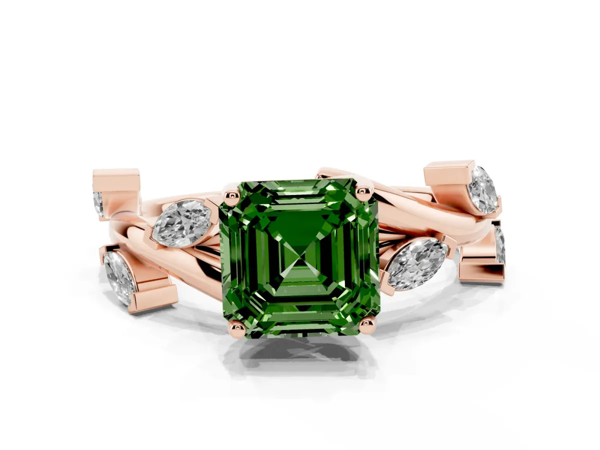 Fancy Green Asscher Cut Solitaire Twisted Band Marquise Accent Prong Setting Ring Rose gold
