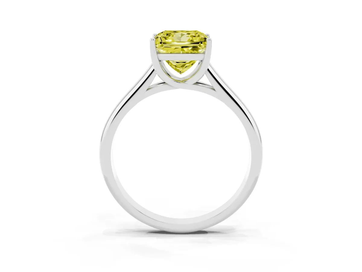 Fancy Yellow Princess Cut Solitaire Engagement Ring with Tapered Band and Four-Prong Setting Silver