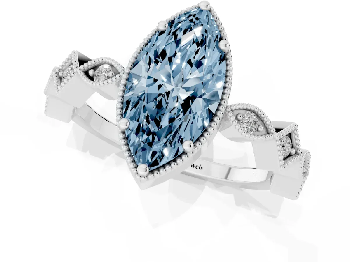 Fancy Blue Marquise Cut Milgrain Marquise Diamond Twist Band Ring Silver