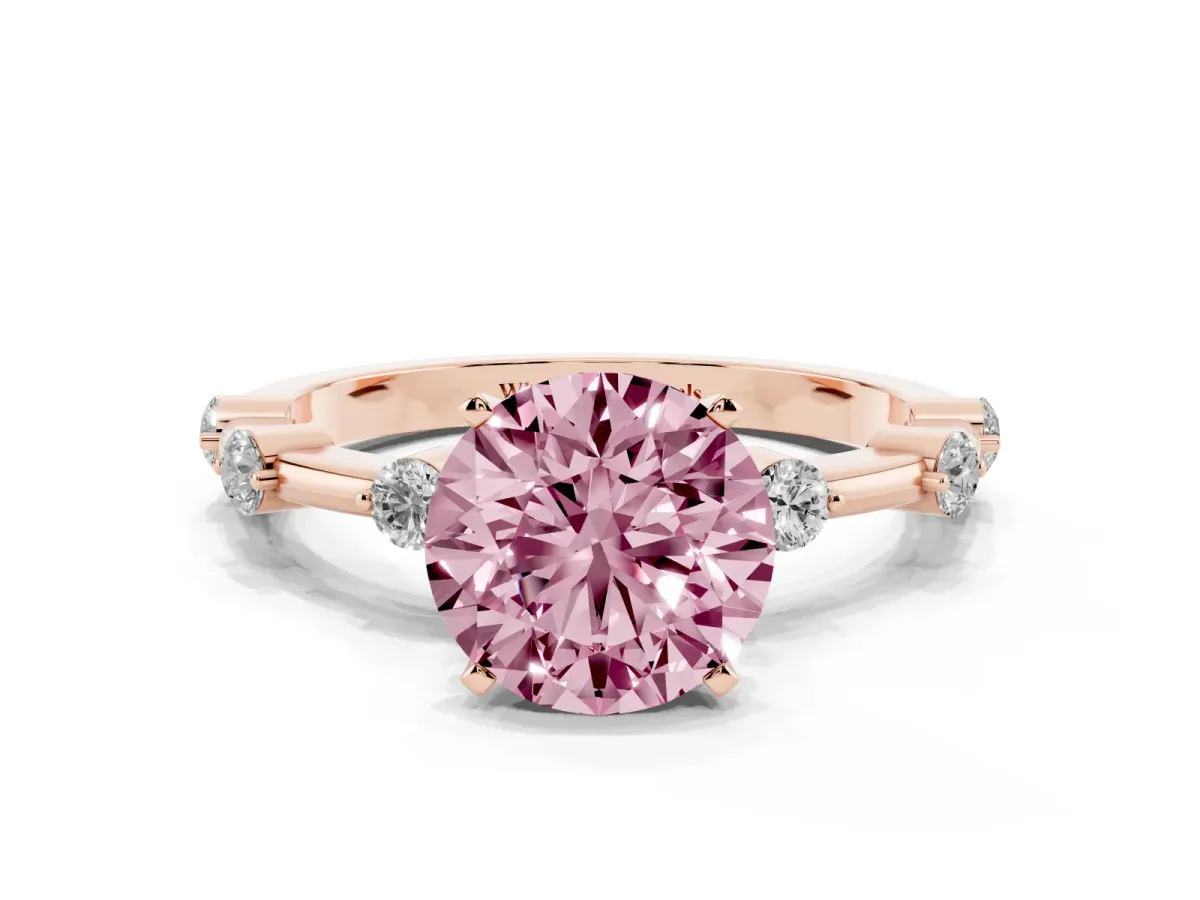 Fancy Pink Round Cut Solitaire Diamond Ring with Bezel Set Side Stones and Prong Setting Rose gold